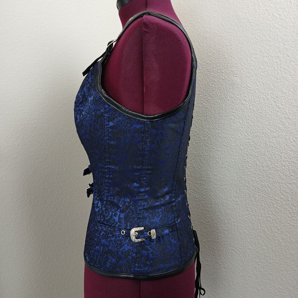 Kimring Corset XXL Gothic Steampunk Brocade Overbust Steel Boned Bustier Blue - Picture 2 of 13